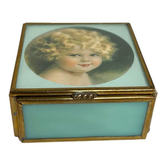 Vintage Via Vermont Sunbeam Print Light Blue Opalescent Glass Small Brass Box - Picture 2 of 11